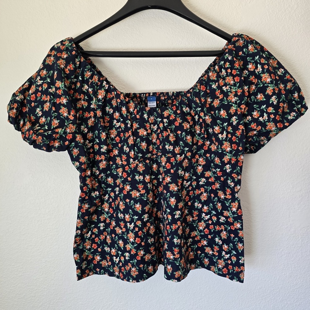 Old Navy Waist Defined Puff Sleeve Blouse Orange Floral Ditsy Smock Women Large